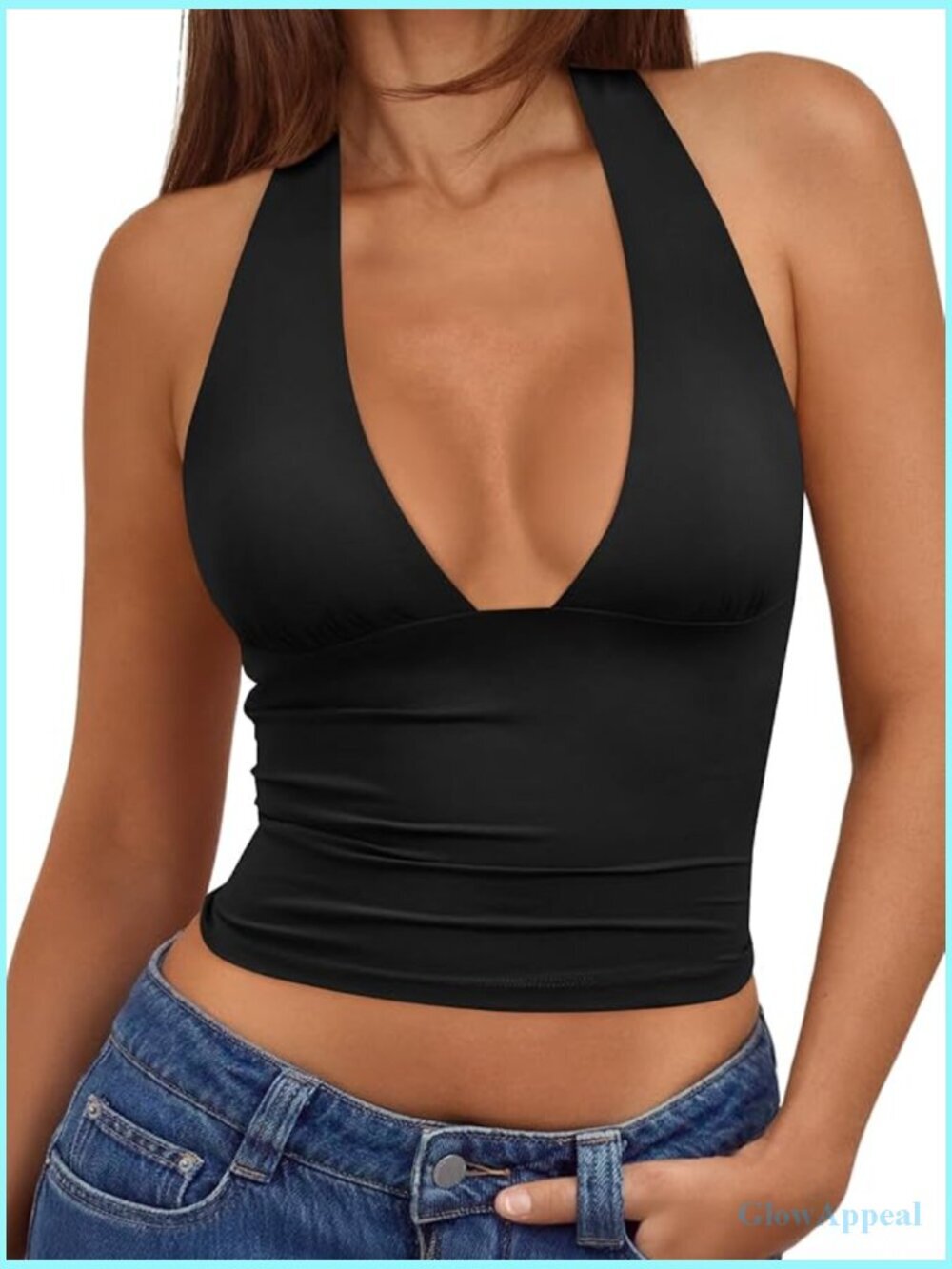 Double Lined Halter Top Open Back Deep V Neck Crop Top Women's Summer Party